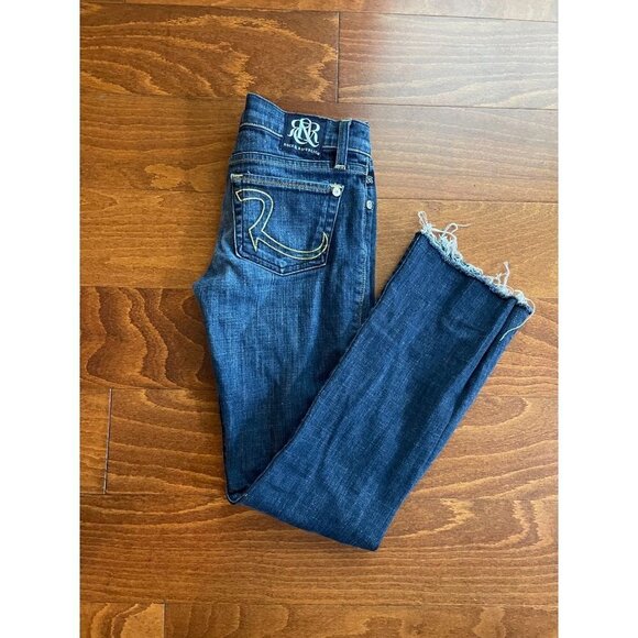 Rock & Republic Bootcut Cut off Hem Jeans Denim Dark Wash Fringed Blue Hem 26 - Picture 2 of 10